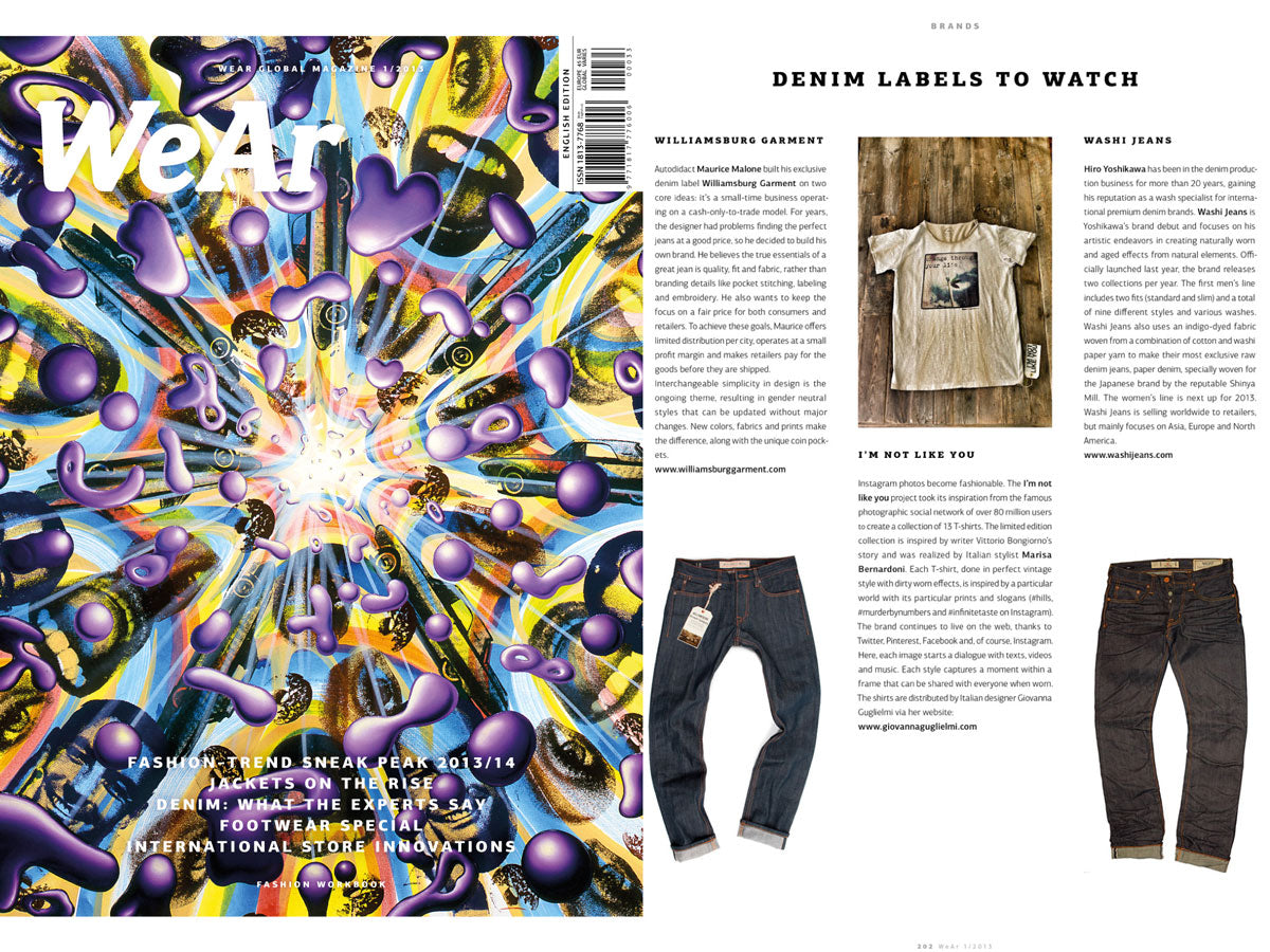 The cover and article of the January 2013 issue of WeAr Magazine, which spotlights emerging denim brands to watch, feature Maurice Malone, an African-American designer and apparel brand owner, and his new denim brand, Williamsburg Garment Company.