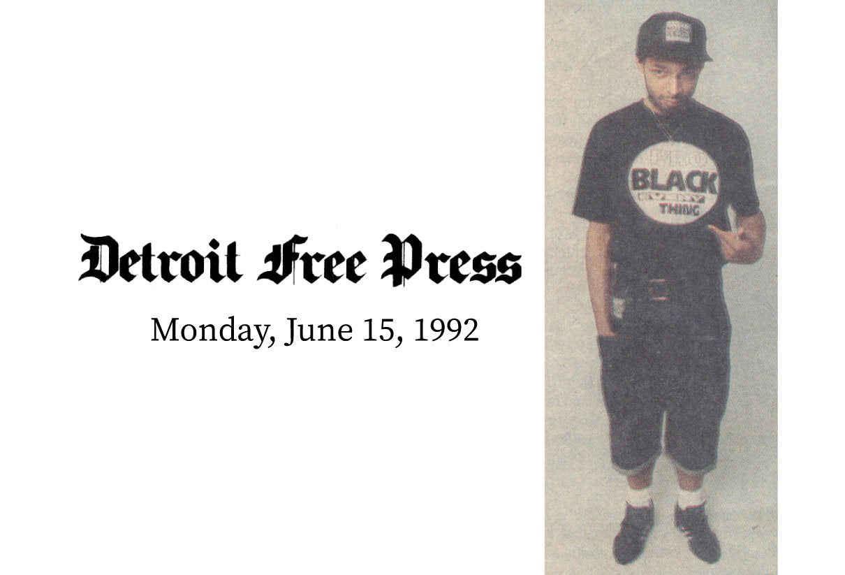 Young African American 90s denim & fashion designer Maurice Malone wearing his clothing designs in Detroit Free Press June 15, 1992 article by Scott Walton