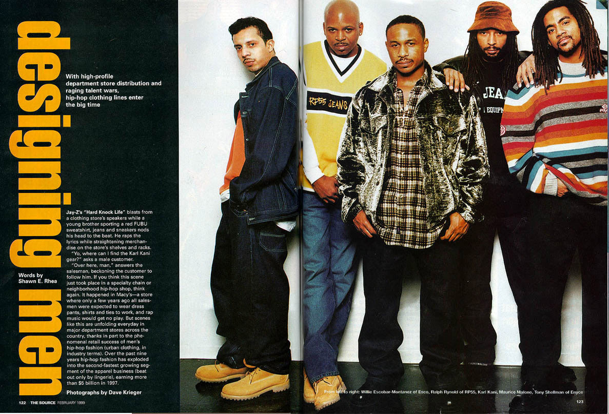 90s urban streetwear designers Willie Esco, Ralph Reynolds, Karl Kani, Maurice Malone & marketing executive Tony Shellman appear in a 1999 Source magazine article on the booming growth of hip-hop fashion into the mainstream