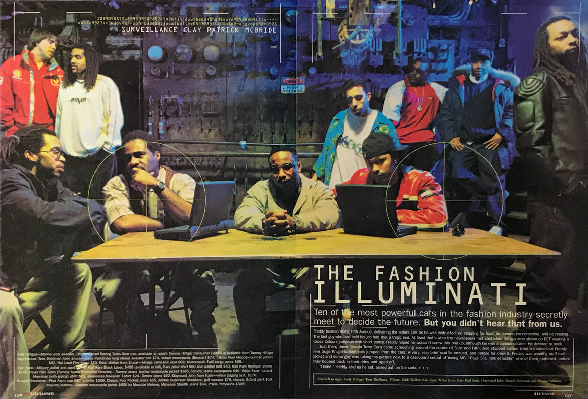 XXL Magazine photographed Andy Hilfiger, Tony Shellman, T-Bone, Erich Walker, Karl Kani, Willie Esco, Peter Paul Scott, David John, Russell Simmons, and Maurice Malone for "The Fashion Illuminati" in the late 1990s.