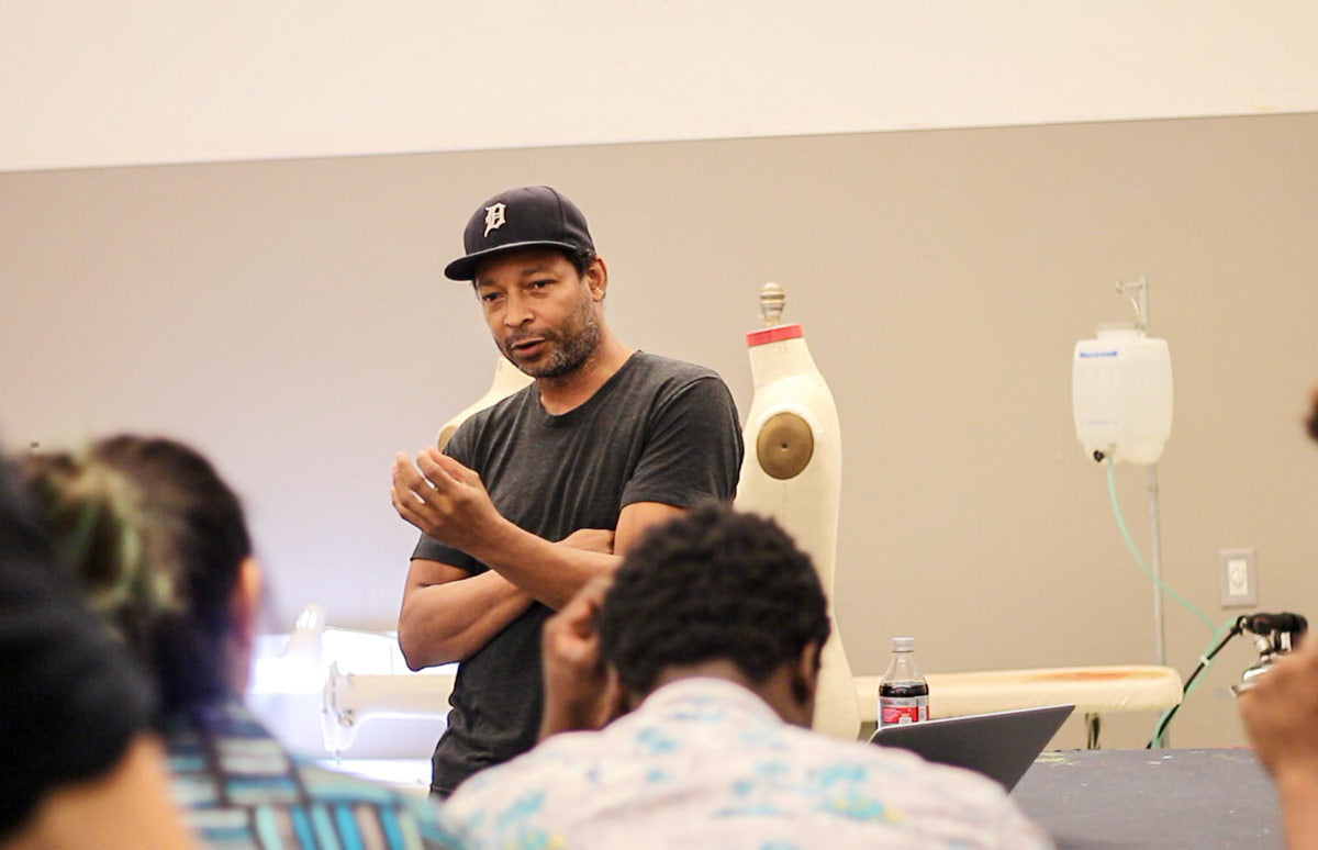 Denim pioneer, and fashion designer Maurice Malone speaking a denim design class of students at Parson School of Design in October 2018.