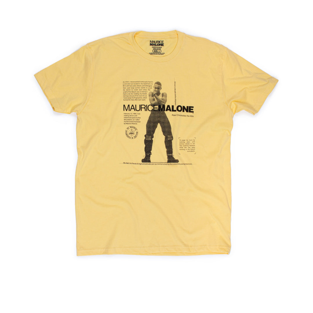 T-shirt explain how denim designer Maurice Malone started his first clothing brand at 19-years old