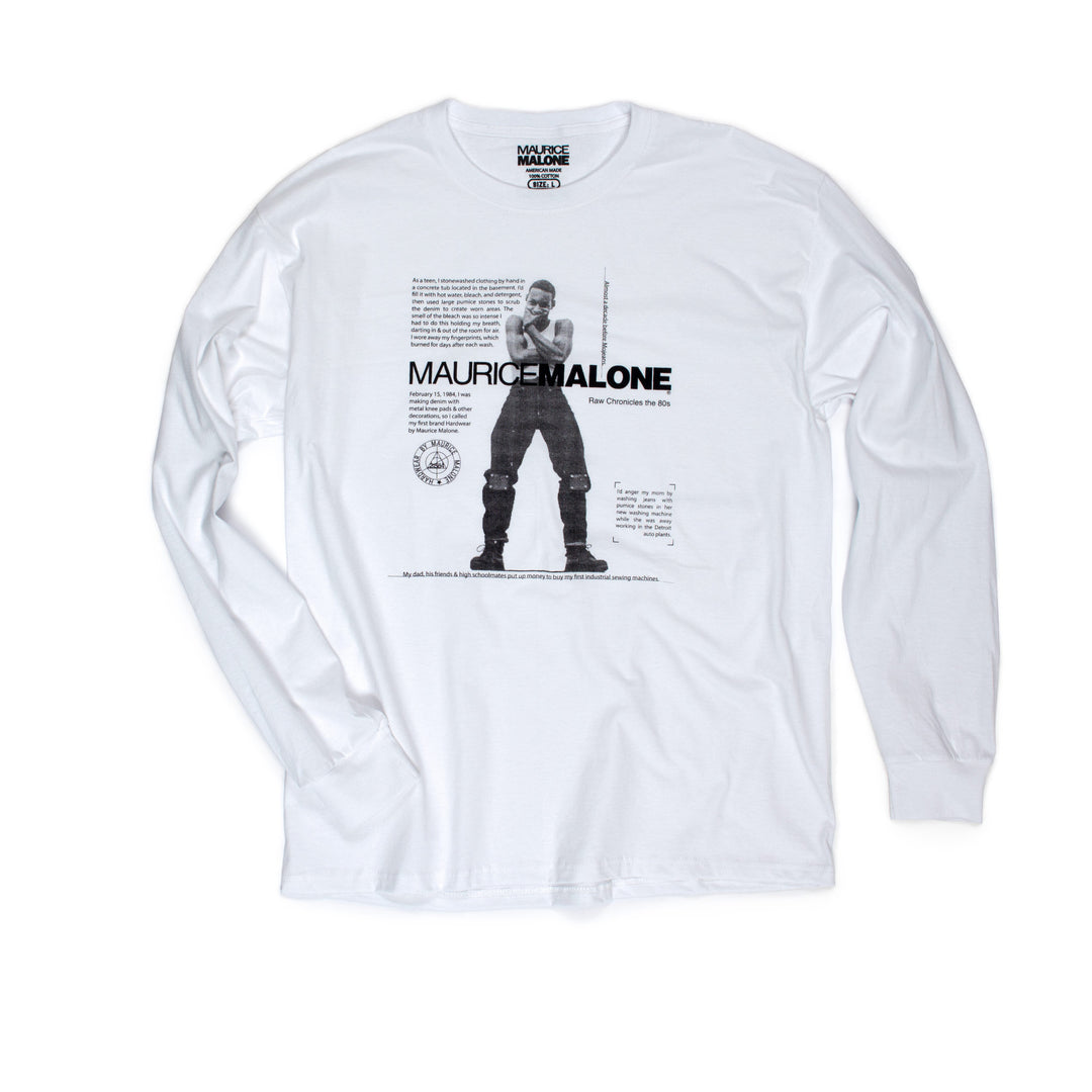 The 80s history of African American streetwear & hip hop denim designer Maurice Malone on long sleeve white t-shirt