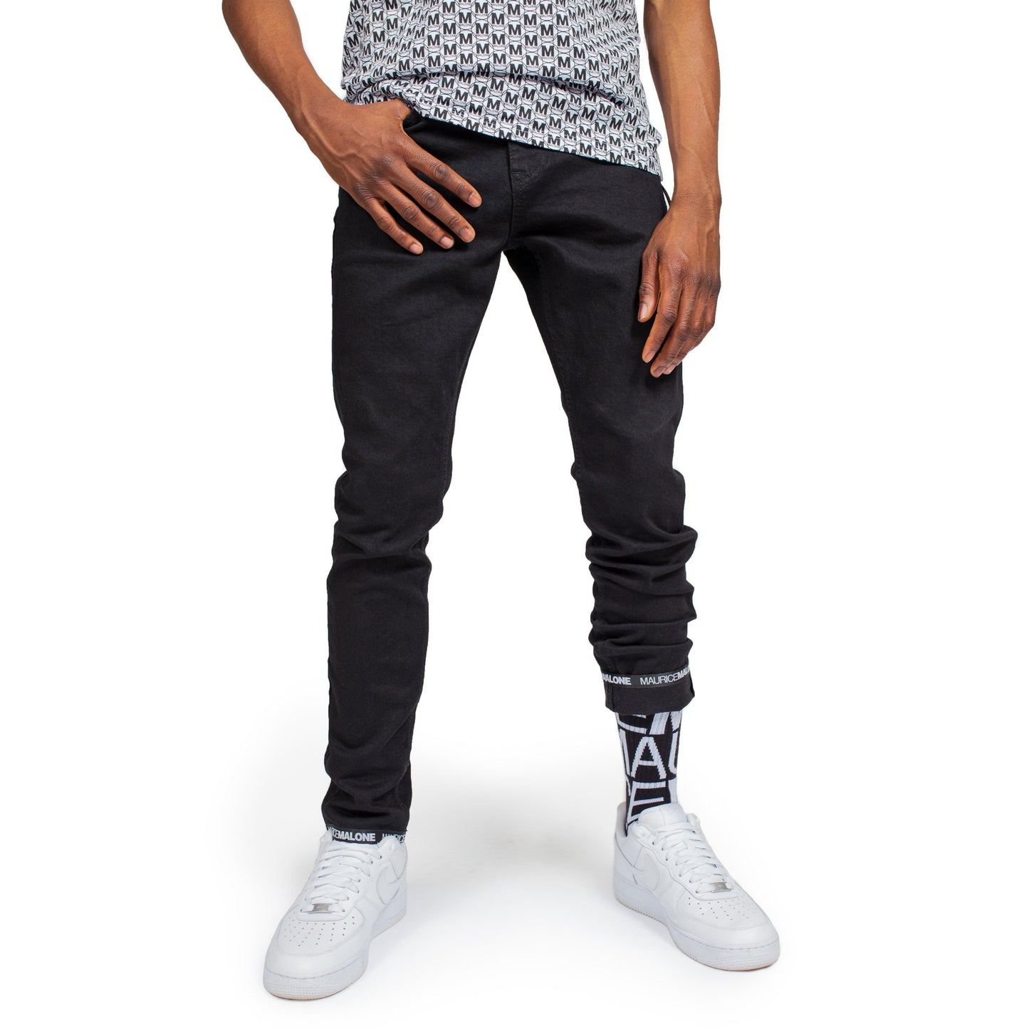 Men's black skinny jeans with branded hem & logo socks by Maurice Malone