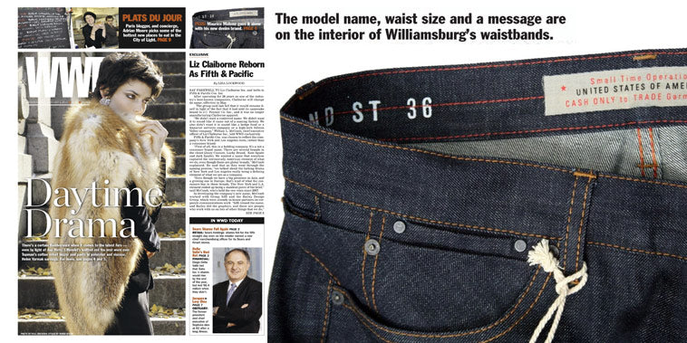 Arnold J. Karr published a feature article in Women's Wear Daily newspaper (WWD) on Wednesday, January 4, 2012, featuring the first Williamsburg Garment Company raw denim jeans for men on the cover.