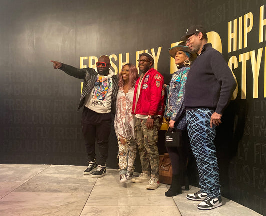 Pictured right to left 90s black hip hop designers Maurice Malone, April Walker, Kenya Abdul-Hadi, Kiki Peterson and Bariq Cobbs at the Fashion Institute of Technology opening of the "Fresh, Fly, Fabulous: Fifty Years of Hip Hop Style" exhibition.