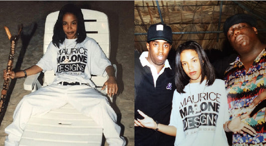Popular social media images of Aaliyah in Maurice Malone t-shirt with Puff Daddy & Biggie