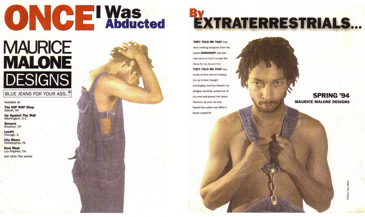 The iconic 90s urban streetwear advertisement titled, Once I Was Abducted by Extraterrestrials showcases denim designer Maurice Malone wearing his renowned chain-link overalls.