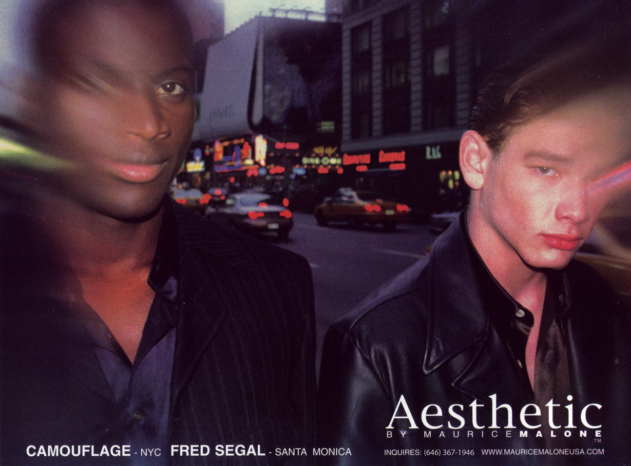 A first for merging hip-hop style with luxury fashion, a 1997 advertisement featuring two models, styled in Aesthetic by Maurice Malone against a bustling city backdrop of Times Square, New York.