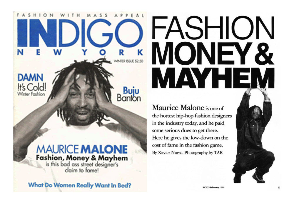 90s Designer Maurice Malone pioneer in streetwear/hip hop fashion on the cover of Indigo New York Magazine 1996