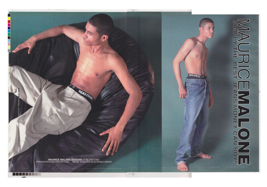 90s Khaki's, underwear & Logo Cuff Jeans advertisement from streetwear and denim designer Maurice Malone