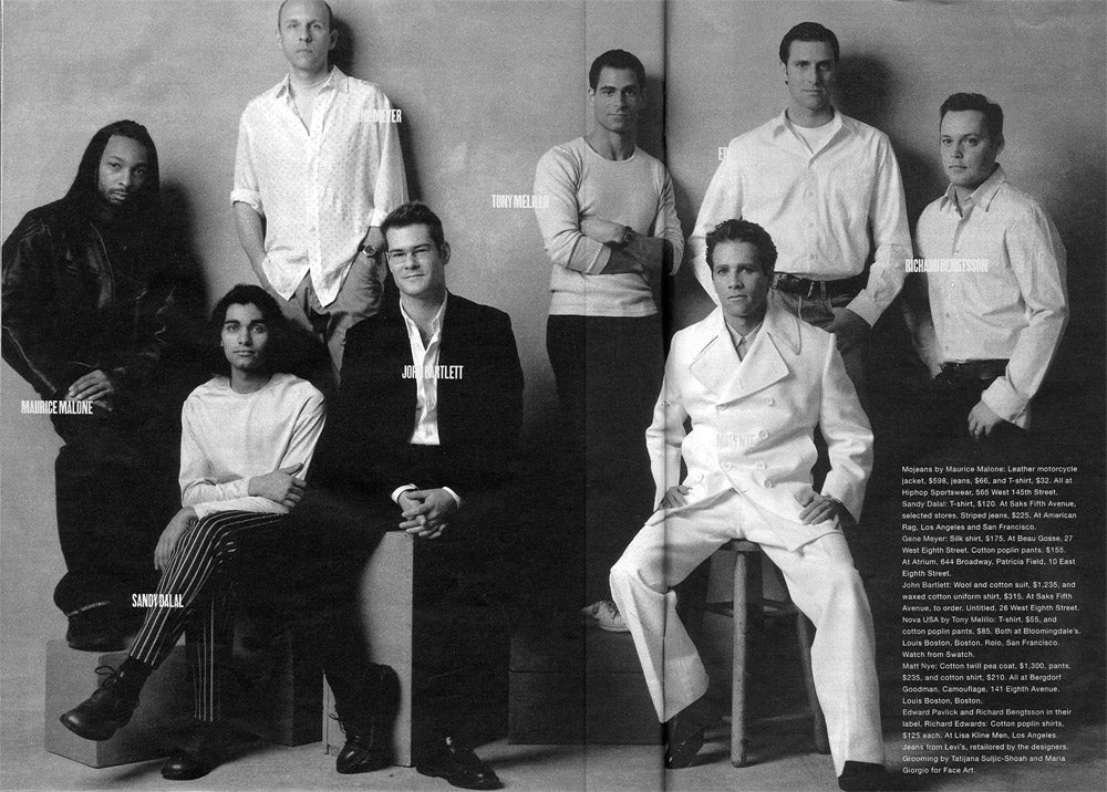 March 1999 New York Times Magazine's top new American Menswear Fashion Designers Maurice Malone, Sandy Dalal, Gene Meyer, John Bartlett, Tony Melillo, Matt Nye, Edward Pavlick and; Richard Bengtsson