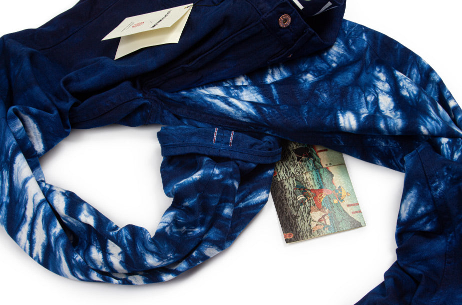 Close-up of Shibori dyed jeans by Maurice Malone x Arimatsu Shibori-Some