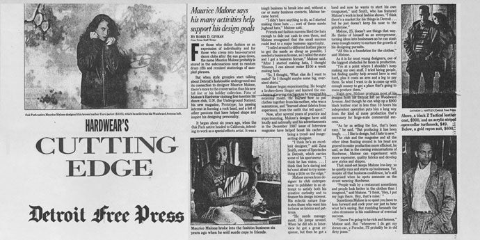 "Hardwear's Cutting Edge," a Detroit Free Press news print story authored by Robin D. Givhan on African-American fashion and denim designer Maurice Malone in his adolescence, photographed inside Maurice's U.N. nightclub and work studio in Detroit, Michigan, November 1989.