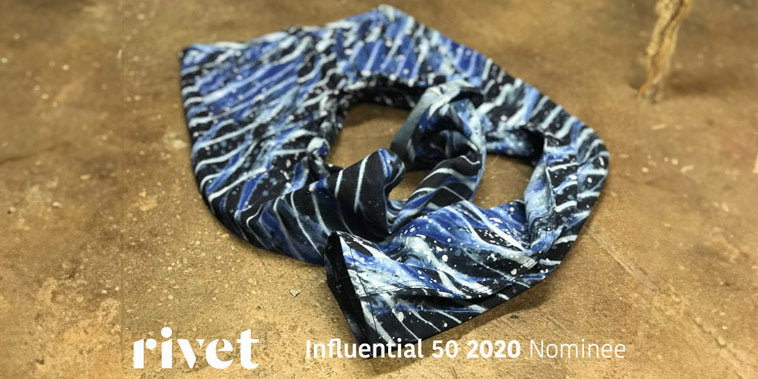 Designer shibori jeans by Maurice Malone in collaboration with Arimatsu Shibori-Some used to represent the cover for most influential 50 2020 nominee from Rivet Magazine.