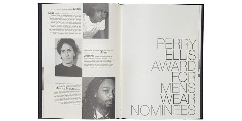 Included in the pages of the CFDA Awards ceremony book, African-American fashion innovator Maurice Malone earned a 1997 CFDA Perry Ellis Award for Menswear nomination, alongside fellow nominees Sandy Dalal and Marc Jacobs.