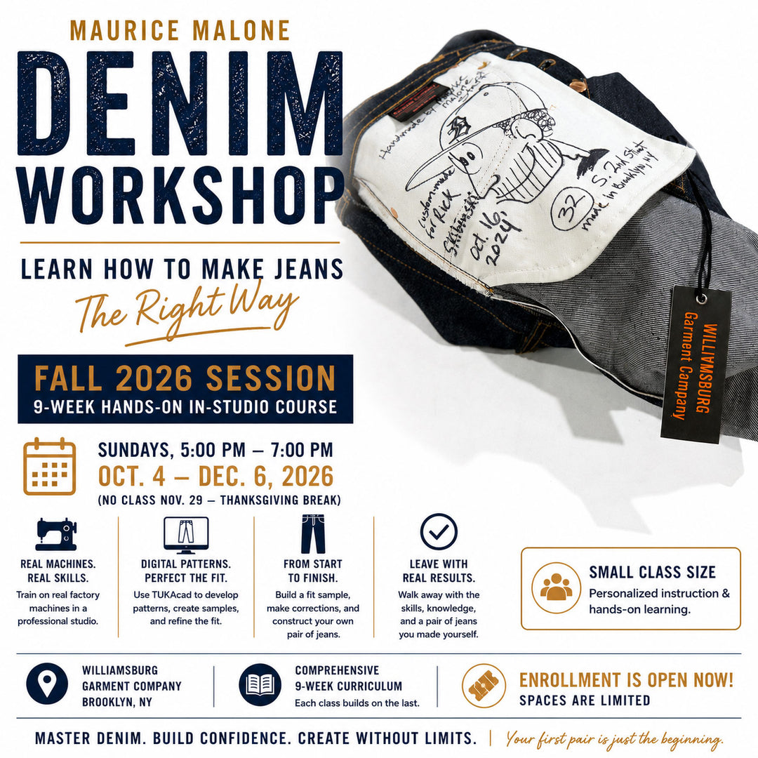 Fall 2026 Denim Workshop promotional graphic featuring raw denim jeans with Maurice Malone artwork, workshop dates, and enrollment information for the 9-week jeans-making course in Brooklyn.