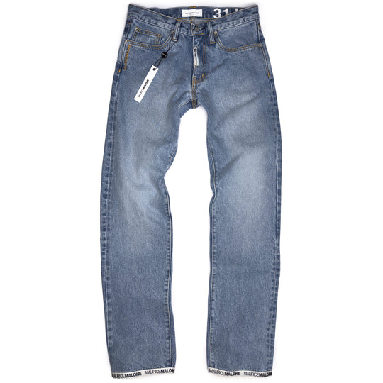 Full front of Maurice Malone 2026 Logo Cuff jeans in light stonewash, showing modern straight-leg fit and logo tape cuff branding.