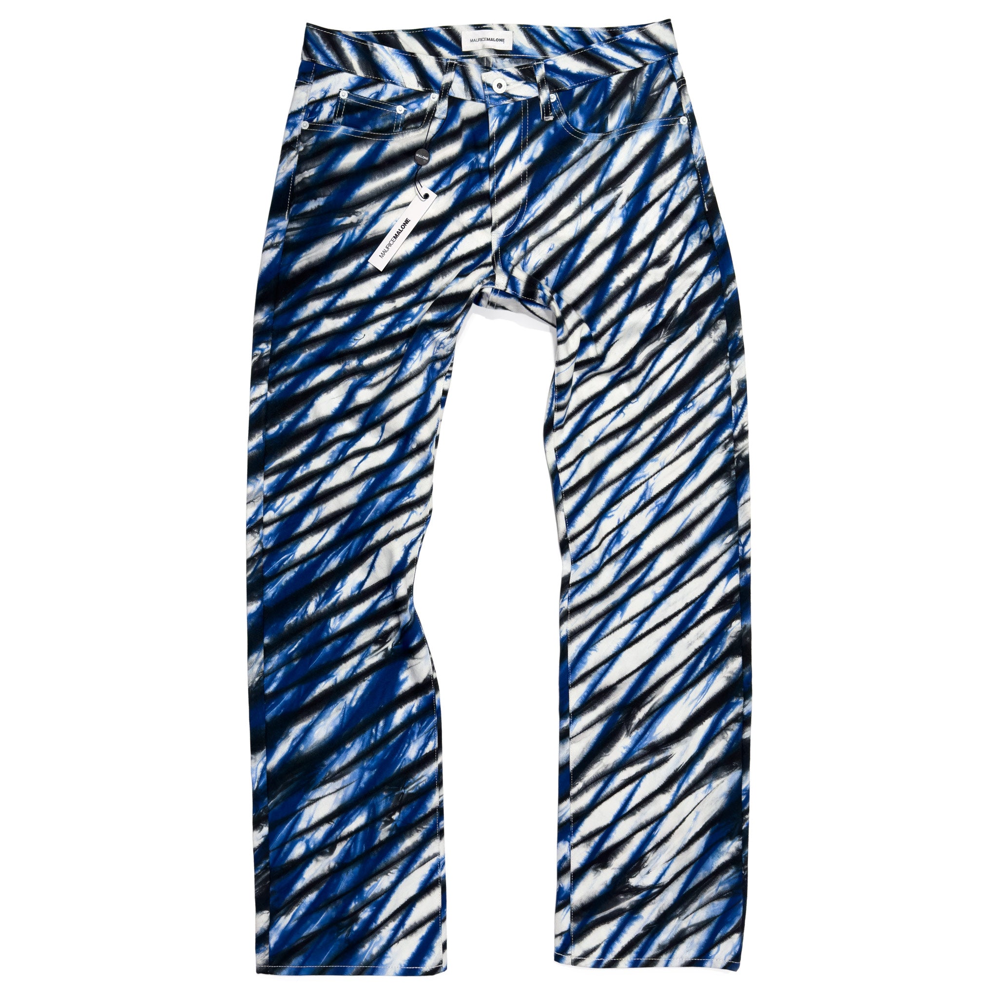 These unique jeans by Maurice Malone, are straight-leg, handmade shibori jeans crafted from washi denim (Japanese paper). The fabric, featuring an indigo and black pattern on white, was hand-dyed in Japan using 400-year-old traditional shibori techniques by master artisans at Arimatsu Shibori-Some, and then handcrafted into jeans in New York by Maurice Malone and his team.