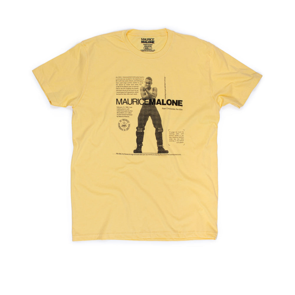 T-shirt explain how denim designer Maurice Malone started his first clothing brand at 19-years old