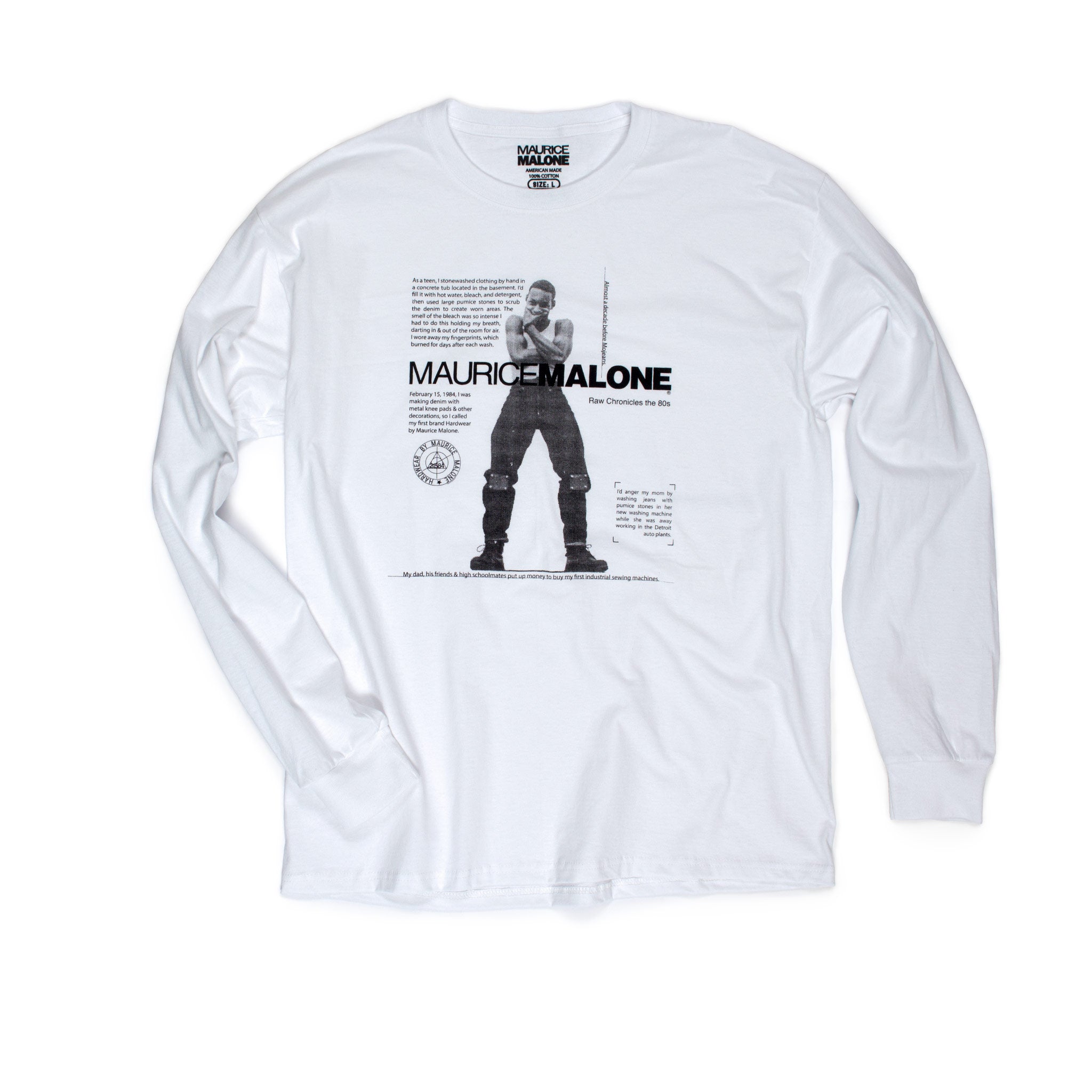 The 80s history of African American streetwear & hip hop denim designer Maurice Malone on long sleeve white t-shirt