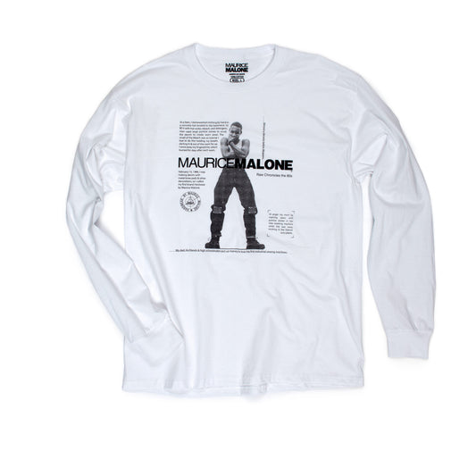 The 80s history of African American streetwear & hip hop denim designer Maurice Malone on long sleeve white t-shirt